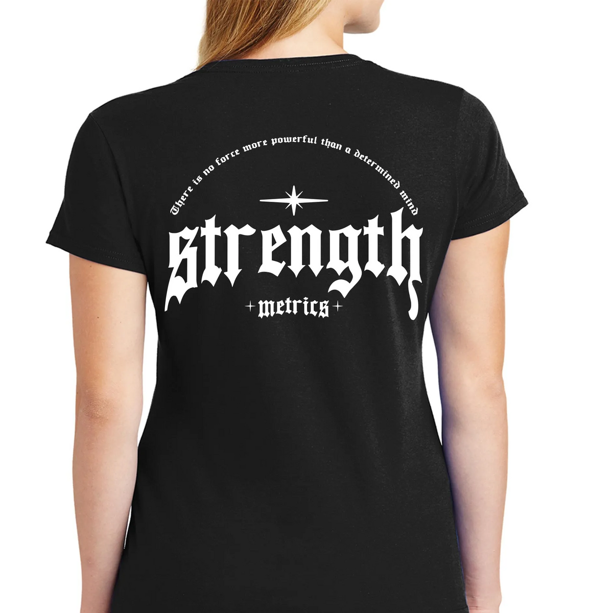 Determined Mind Tee in the women's fit, back with the bold graphic print